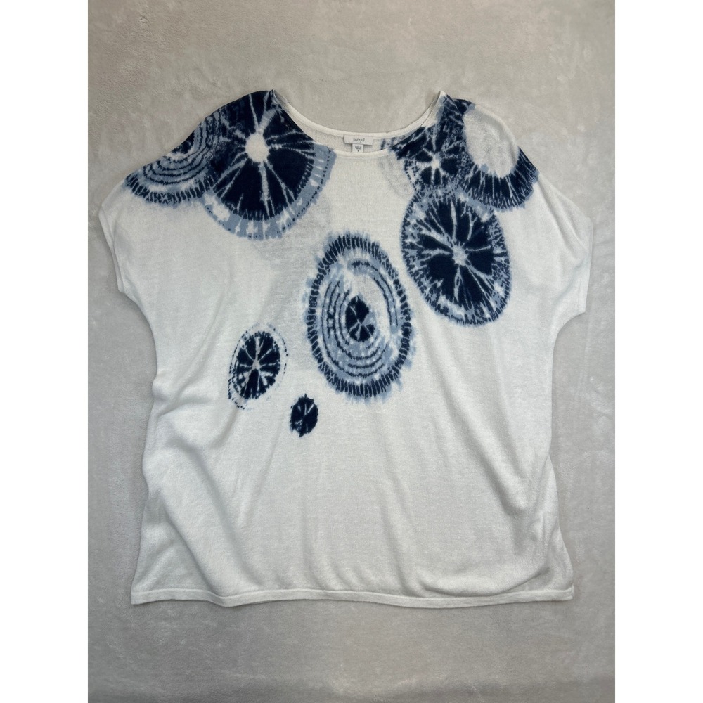 Pure Jill Top Womens S  White‎ Blue Tie-Dye Cotton Linen Short Sleeve